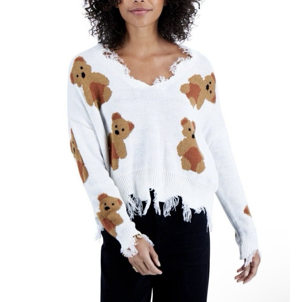 Just Polly NY Teddy Bear Sweater Women's V-Neck Fray Frilly Knit Size Large
